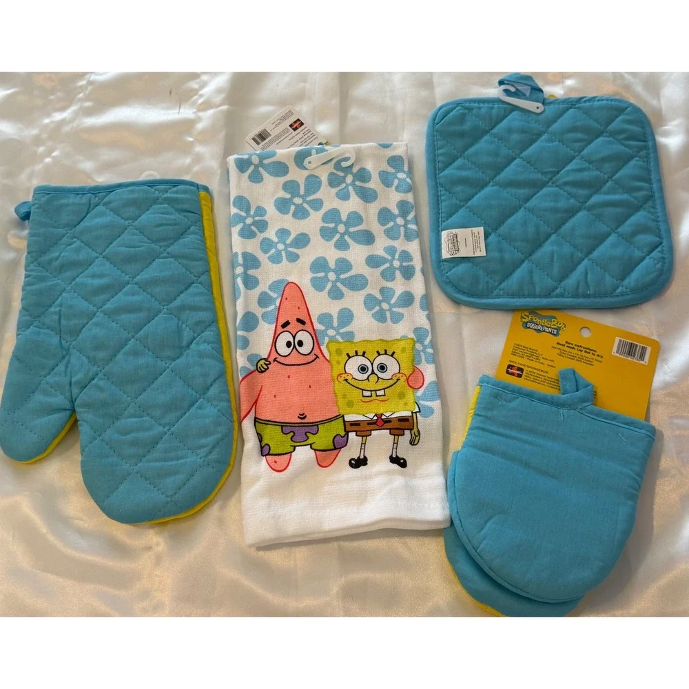 SpongeBob SquarePants 4pc Kitchen Set Oven Mitt Pot Holder Towel Mini Mitt New